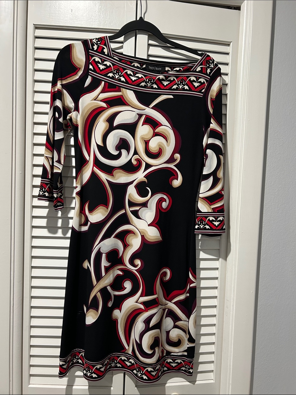 White House, Black Market  Black Long-Sleeve Dress with Red, Cream & White XS